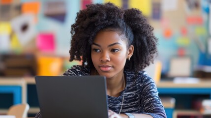 A young African American teacher sitting at her desk in a modern classroom, working on a laptop, preparing lesson plans, and utilizing digital resources to enhance her teaching methods