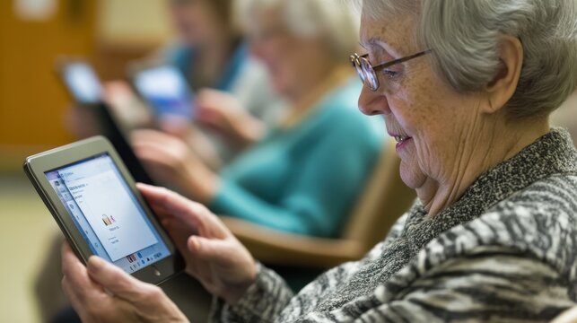 Seniors attentively following a technology class on tablets, learning new skills and digital literacy, guided by a patient instructor, highlighting the importance of continuous learning at any age