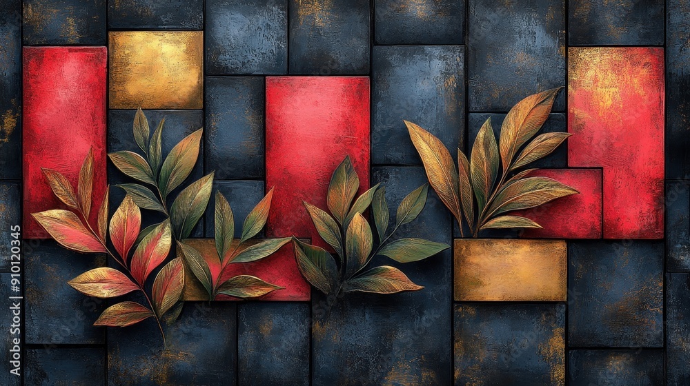 Poster Vibrant geometric shapes in red and gold contrast with dark textures, adorned with lush leafy patterns, creating a striking abstract composition