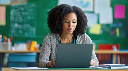 A young teacher of African American descent sitting at her desk in a modern classroom, working on a laptop, preparing lesson plans, and utilizing digital resources to enhance her teaching methods