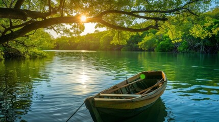 canoe on a lake surrounded by forest on a sunrise