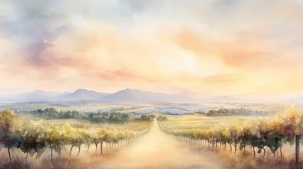 A picturesque road winds through a vineyard under a vibrant sunset sky, with distant mountains on the horizon.