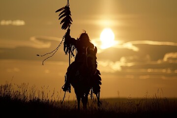 Silhouette of a Native American on horseback riding into the sunset.