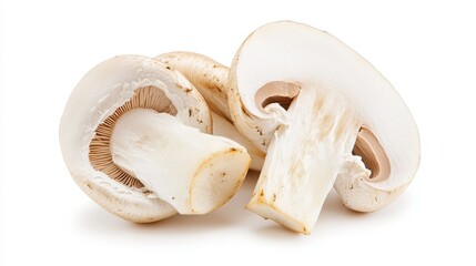 Halved button mushrooms showing the smooth white interior and delicate gills, arranged neatly. Isolated on a white background