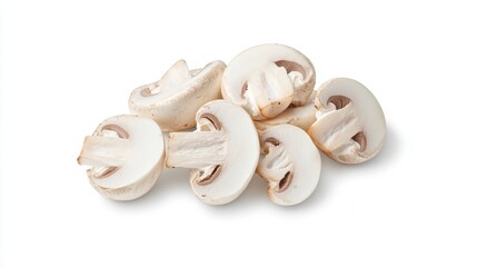 Fototapeta premium Halved button mushrooms showing the smooth white interior and delicate gills, arranged neatly. Isolated on a white background