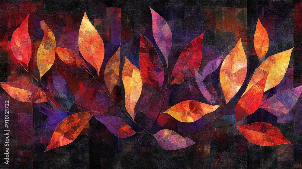 Poster An abstract display of vivid leaves in warm colors against a textured dark background, creating a captivating visual composition