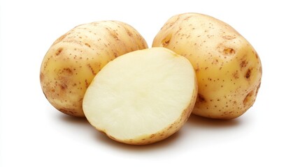 Halved potato displaying its creamy, pale interior and earthy outer skin. Set against a stark white background for a clean, minimalist look