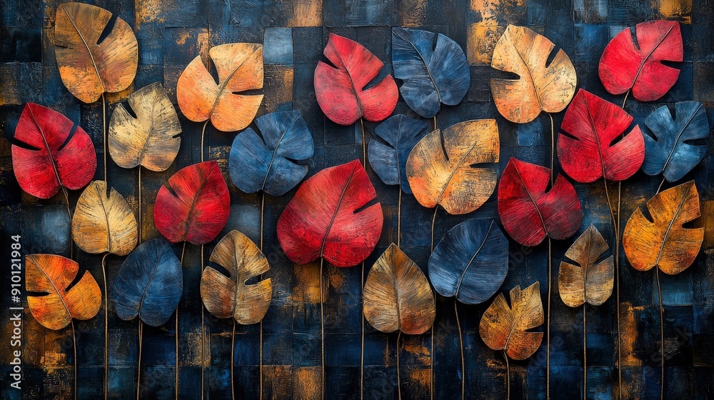 Aufkleber a striking display of multi-colored leaves against a textured background, showcasing an artistic arr