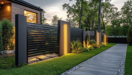 Design an aluminum decorative fence for the front yard of modern houses with wooden walls, gray color and black metal vertical slats