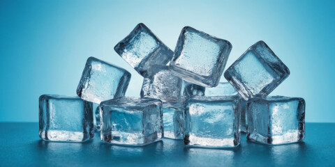 Obraz premium Clear ice cubes scattered against a light blue background, creating a refreshing and cool visual.