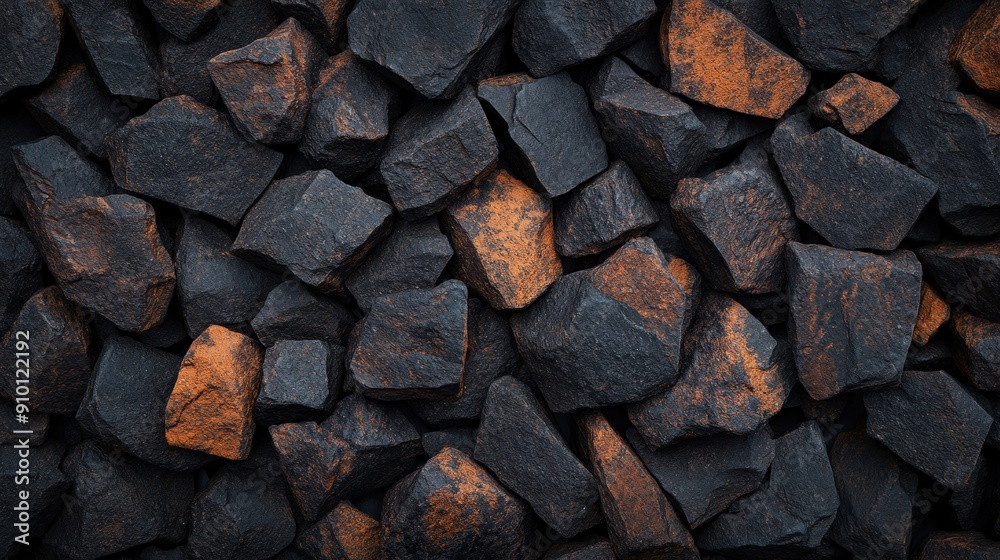Aufkleber A variety of dark and rusty rocks are densely packed, showcasing their unique textures and colors in a harmonious arrangement