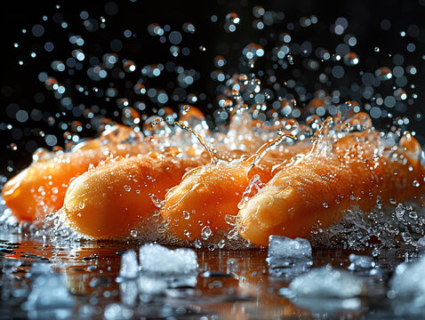 Vibrant TAMARIND splashing with water and ice on elegant black background Tamarind fruits with green leaves isolated on white background.