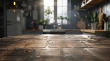 A wide table in the foreground in the kitchen