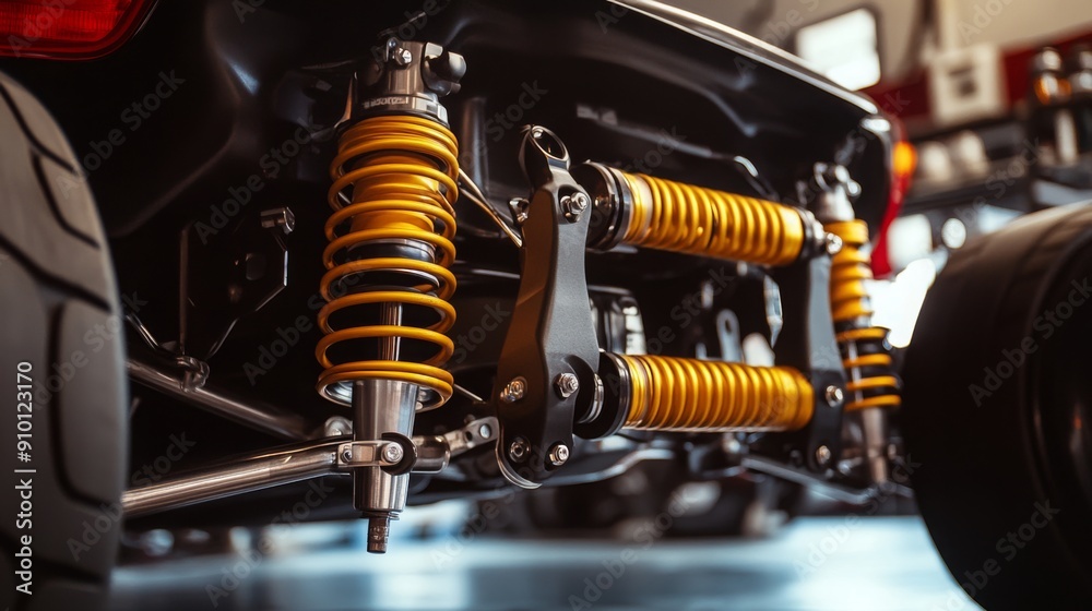 Poster the suspension system features yellow coil springs and high-performance components, showcasing preci