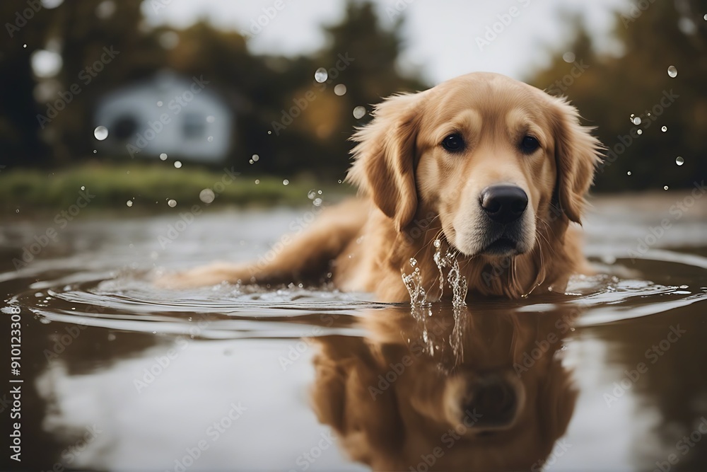 Wall mural retriever golden puddle dog animal puppy pet gold rain closeup cooling wet dirty fun park mud green mammal paw white autumn happiness grass jump active summer outside doggy cute funny friends lying