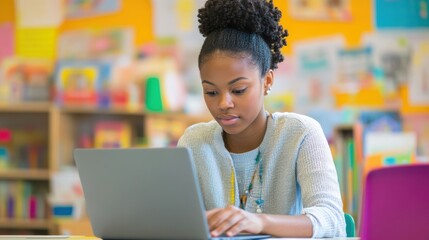 A young African American teacher working on a laptop in a well-organized classroom filled with educational resources her focused expression and the neatly arranged teaching materials highlight her