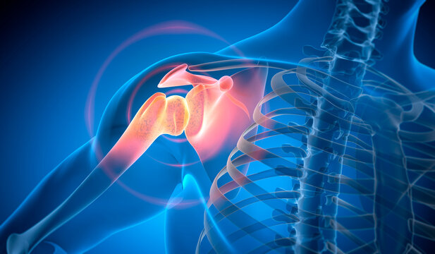 Illustration of a man with strong pain in shoulder with dark blue background - 3D Illustration