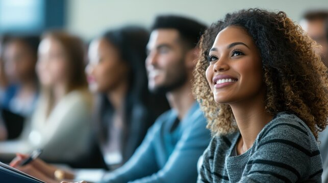A diverse group of adults in a continuing education class learning new business skills with a professional instructor leading the session the participants' engagement and the modern classroom setting