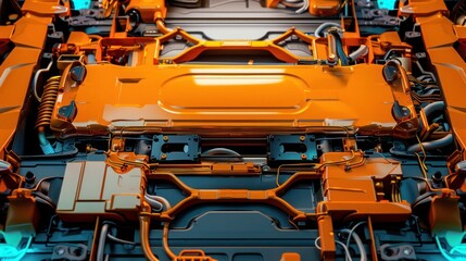 Fototapeta premium Lithium vehicle batteries with layered foam demonstrate the complexity of electric car power systems
