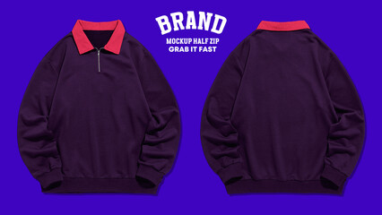 Blank half zip sweatshirt mockup in front and back views, Half zip sweaters. design presentation for print. © resource image