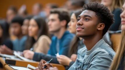 Obraz premium University students in a modern lecture hall taking notes and engaging with the professor's presentation their attentive expressions and the high-tech classroom setup underscore the importance of