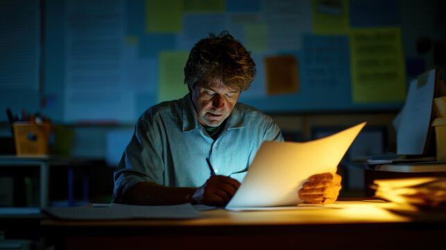 A teacher working late into the evening in a dimly lit classroom preparing lesson plans and grading assignments the dedication and hard work are evident as the teacher diligently ensures that each