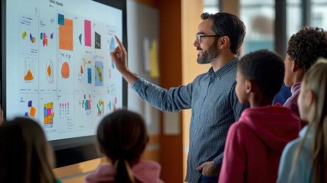 A teacher using an interactive whiteboard to explain a complex concept to attentive students in a modern classroom their focused expressions and the advanced technology underscore the integration of