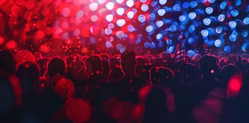 Digital age and patriotism in a crowd standing before a cyber American flag.