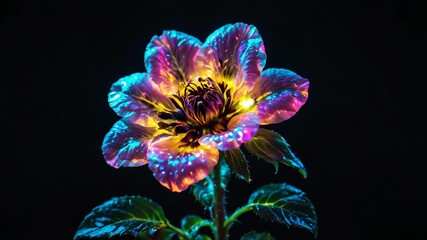 a tiny iridescent black flower isolated on a black bac background