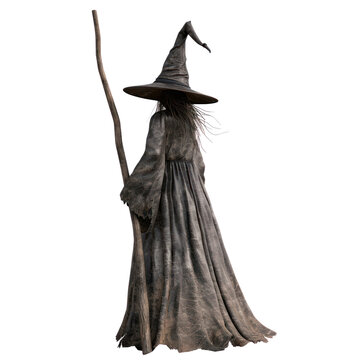 A witch is standing in front of a white background, holding a stick, 3D illustration, Halloween, Clipart, 3d render, isolate on a transparent background.