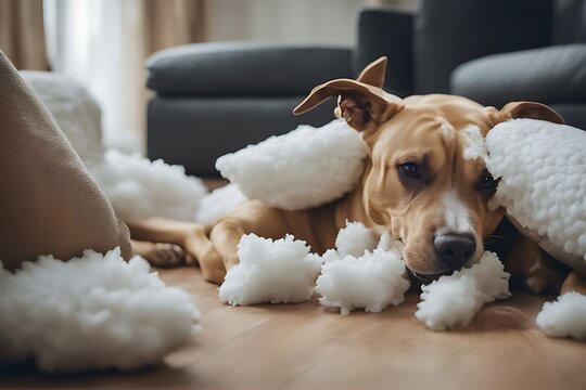 homeware tearing funny piece fluffy home dog enjoying pillow apart playful process staffordshire terrier destroying mischief pet action animal chew concept crazy cute damage destroy disobey fail