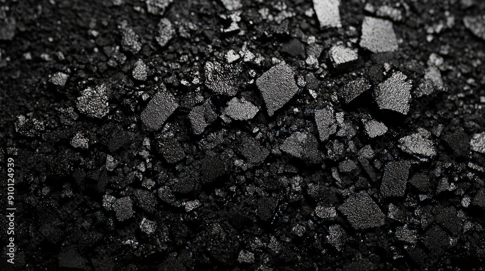 Aufkleber crushed black rock particles are scattered across a flat surface, showcasing their texture and varyi