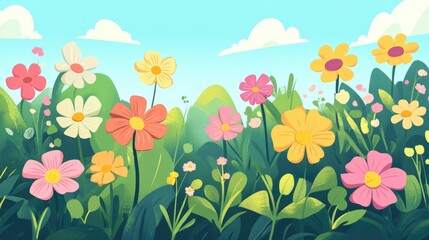 Fototapeta premium Playful cartoon garden scene, featuring blooming flowers and a cheerful background.