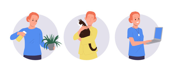 Young woman cartoon character enjoying different hobby, rest and job activity round composition