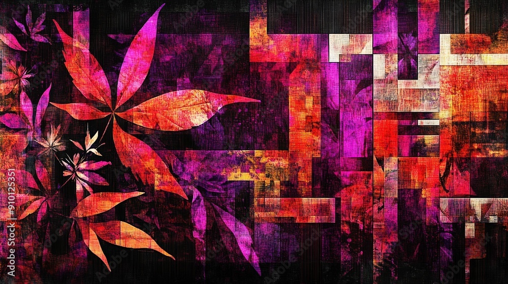 Poster Colorful leaf patterns blend with geometric shapes, creating a striking abstract artwork with rich hues and textures