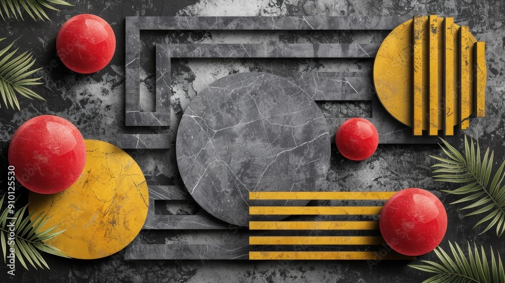 Poster An abstract arrangement of red spheres and yellow geometric shapes on a textured surface, highlighted by green foliage in the background