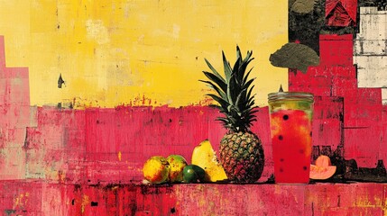 A refreshing drink sits beside fresh pineapple and citrus fruits on a bright, artistic surface filled with warm colors