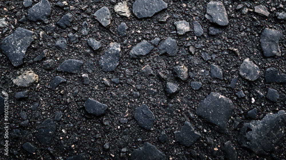 Aufkleber a close-up view of a black asphalt surface showing various sized stones and gravel under bright sunl