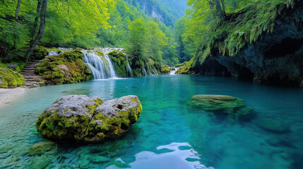 Fototapeta premium Waterfall, cascading water in lush forest