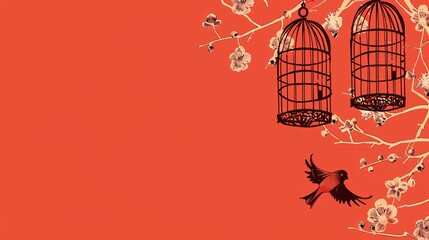 Chinese Bird Cages, border, background wallpaper, blank in the middle, minimalism, negative space, used for postcard template