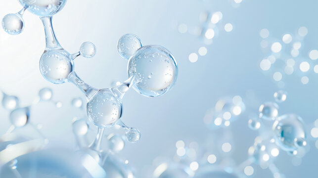 Hyaluronic acid molecules background. Collagen molecular structure. Bubbles, moisturiser, liquid essence, serum or toner, beauty and cosmetics background. Skin care. Amino acid chemical formula