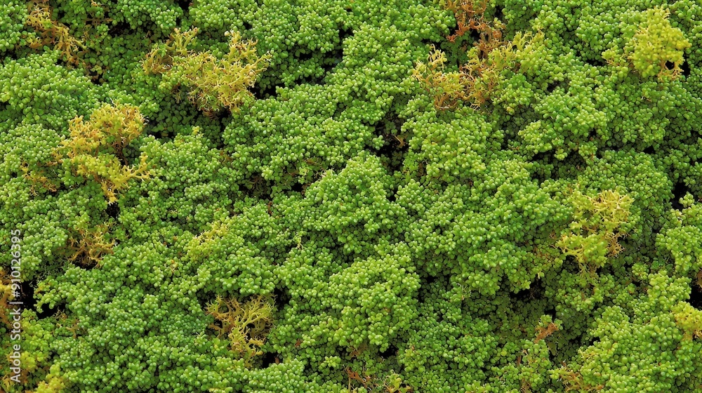 Aufkleber Aerial view of a dense forest canopy displaying various shades of green under the bright afternoon sunlight