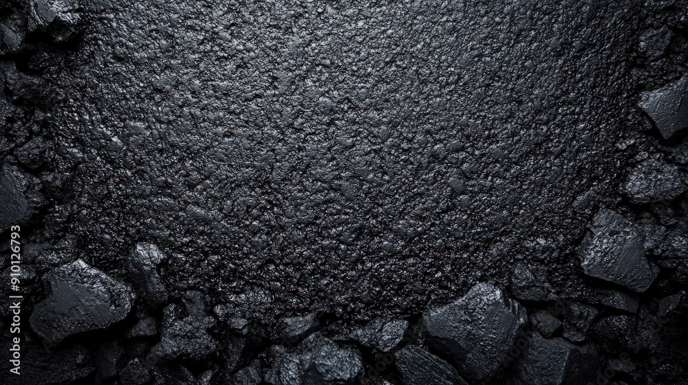 Poster a close-up view of textured black asphalt, showcasing cracks and rough edges, illuminated by natural