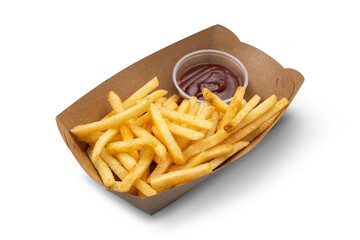 Golden French fries potatoes with ketchup isolated on a white background.