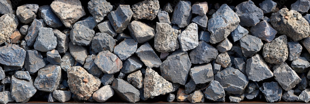 Poster a collection of assorted dark stones is neatly organized in a storage yard under bright daylight, sh