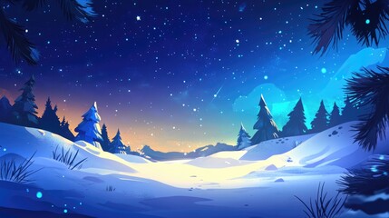 Fototapeta premium Serene cartoon winter night scene, with a snowy landscape and a bright, starry sky.