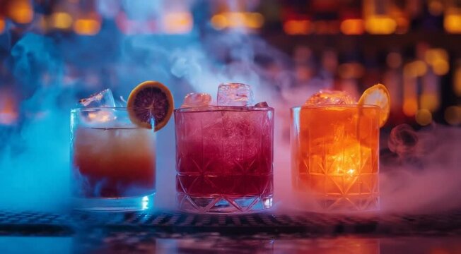 Three cocktails with citrus garnish and smoke in bar vibrant nightlife and drinks