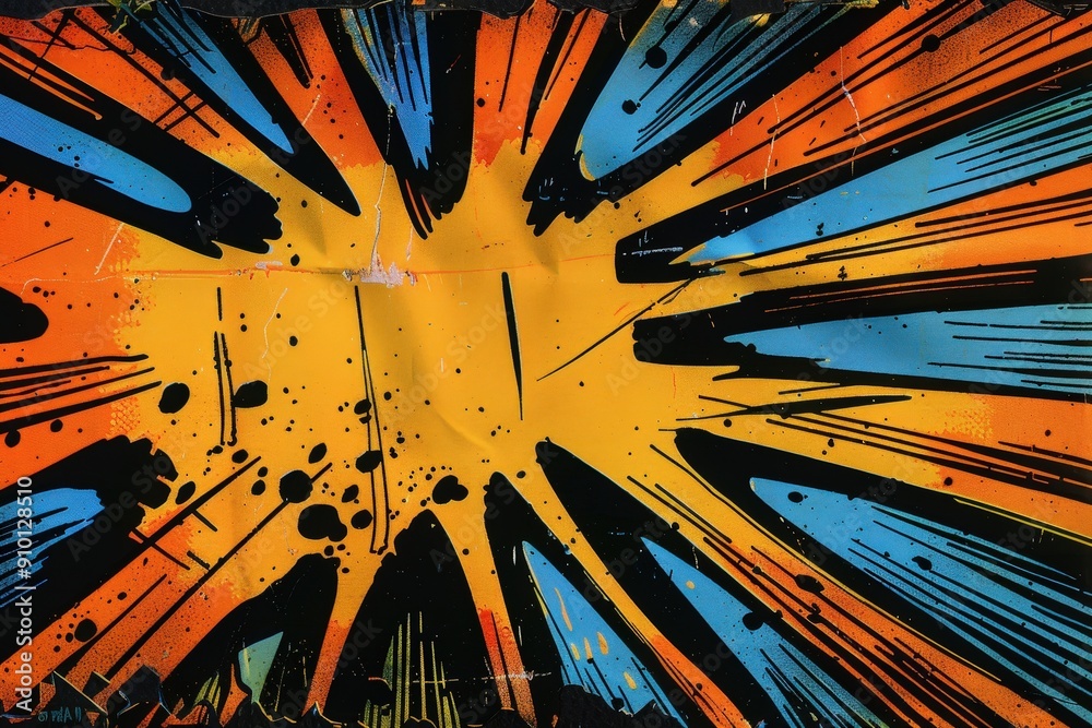 Aufkleber a striking burst of orange background with sharp blue and black lines radiating outwards, creating a
