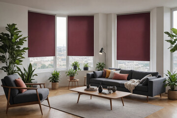Fototapeta premium Burgundy blackout roller blind on windows in stylish modern living room. Shutters on the plastic window.