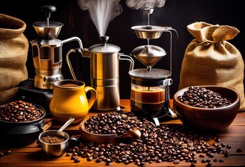 collection fragrant coffee beans displayed alongside various brewing tools inviting coffee experience, espresso, grinder, filter, machine, pour, aroma